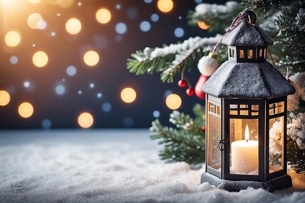 Art Christmas Lantern Christmas and New Year holidays background with Christmas Tree and holiday light winter season