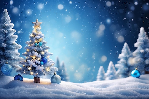 Art Christmas tree light and holidays decoration on blue snow