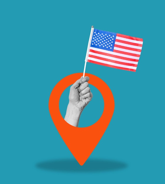 Art collage Hand with American flag on blue background with navigation sign