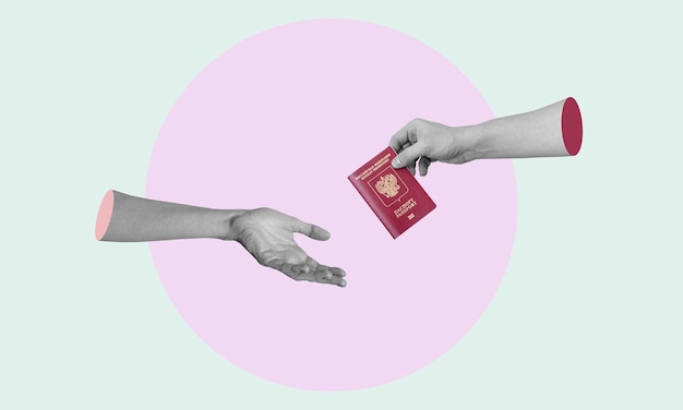 Art collage the hand with a Russian passport passes to another hand
