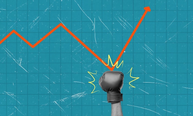 Foto art collage income graph boxer's punch stock growth investing concetto di business e finanza