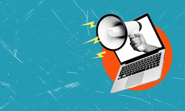 Photo art collage laptop and megaphone on blue background with copy space