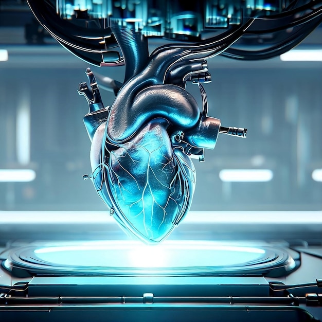 Art concept design of a futuristic biomechanical human heart created with artificial intelligence