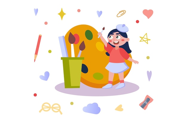 アートコンセプトと人々のシーン フラット漫画デザイン この画像は幸せな小さな女の子を示しています