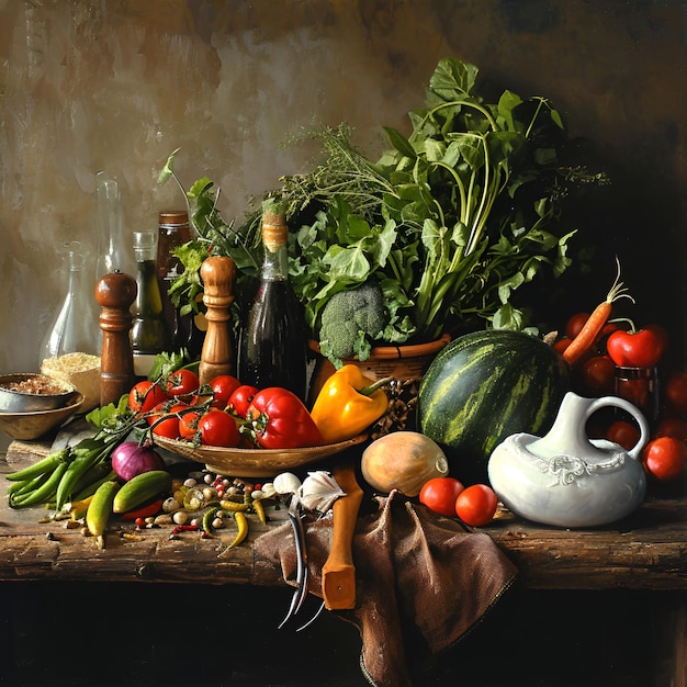 art of cooking by arranging fresh produce utensils or ingredients in an appetizing still life