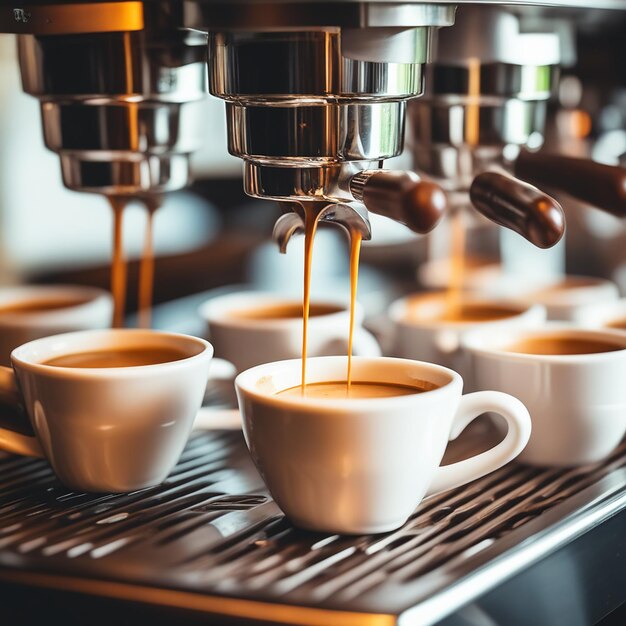 Art of Craft CloseUp of Espresso Pouring from Coffee Machine into Cups