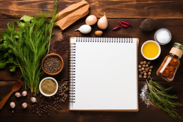 Искусство кулинарного творчества Пустая книга рецептов просыпается с множеством ингредиентов на деревенском столе.
