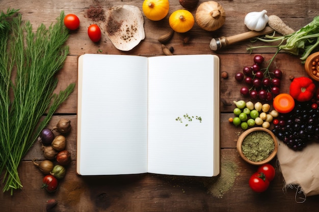 Foto l'arte della creatività culinaria svelata una splendida disposizione di un ricettario piatto su un legno bianco