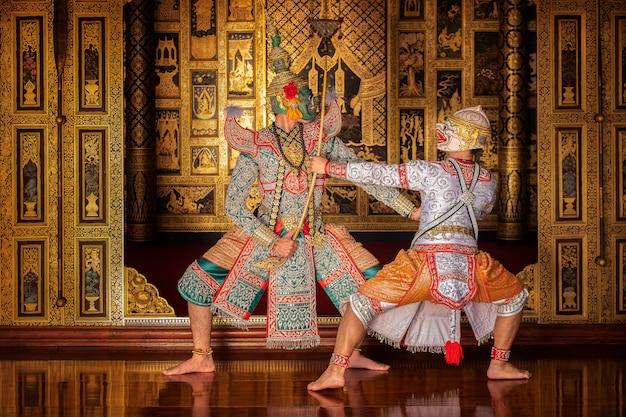 Photo art culture thailand dancing in masked khon in literature ramayana,