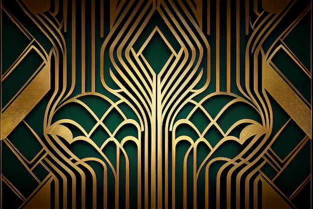 グリーンとゴールドのアールデコ調の背景は、レトロなグラマーな装飾のジェネレーティブ AI に最適です