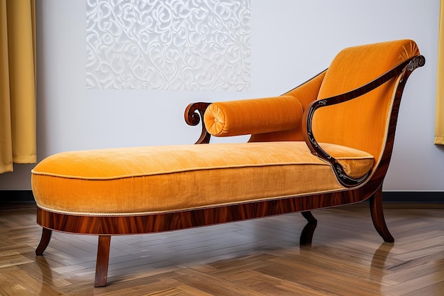 Art deco chaise lounge with delicate scrolling details and rounded armrests