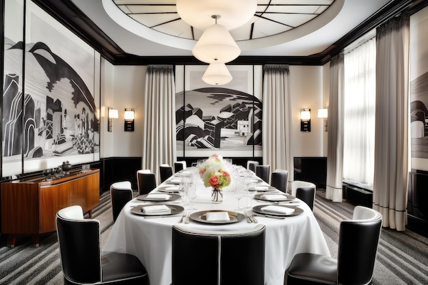 Art deco dining room with sleek black chairs and white tablecloth