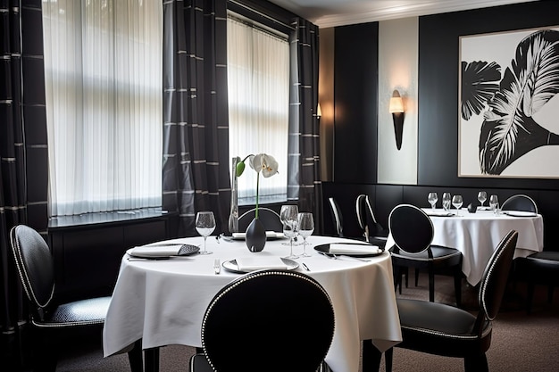 Art deco dining room with sleek black chairs and white tablecloth