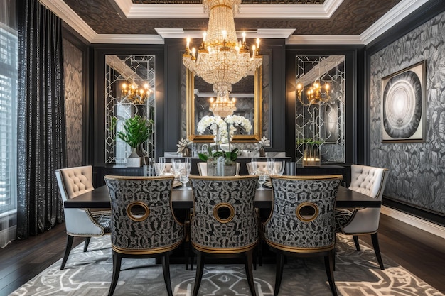 Art Deco dining room with a sleek ebony dining table