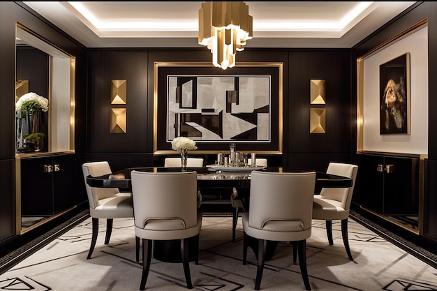 Art deco dining room with sleek furniture and modern art on the walls