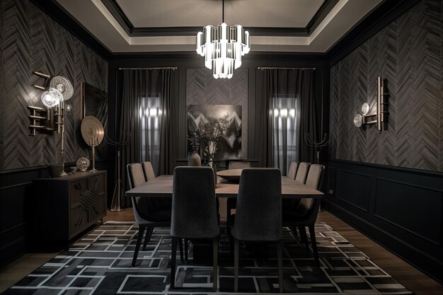 Art deco dining room with sleek lines and geometric patterns on the walls