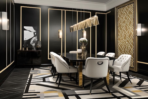 Art deco dining room with sleek lines and geometric patterns on the walls