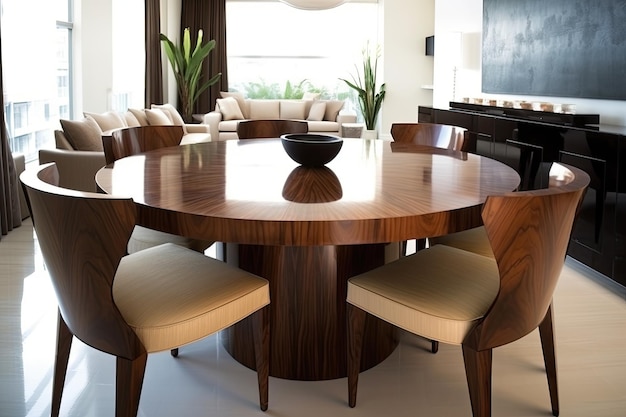 Art deco dining table with sleek modern chairs