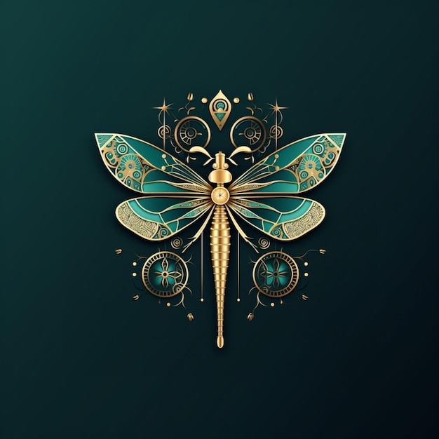an art deco dragonfly in gold on a dark green background in the style of surrealistic elements