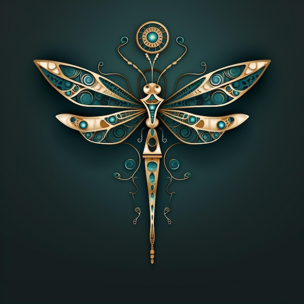 Photo an art deco dragonfly in gold on a dark green background in the style of surrealistic elements