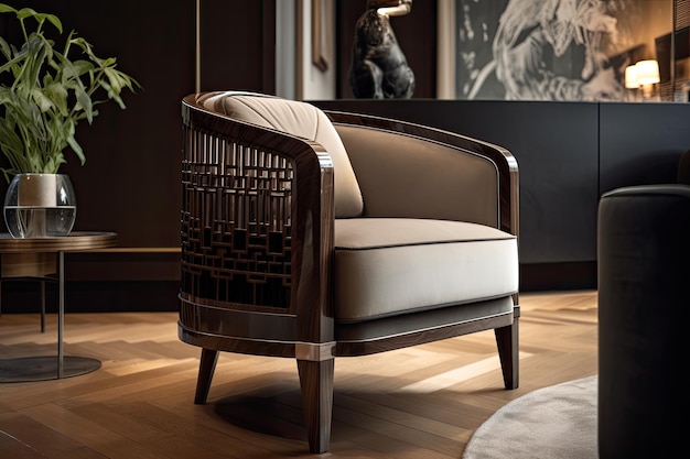 Art deco fauteuil met zijn ingewikkelde details en strakke lijnen in luxe setting