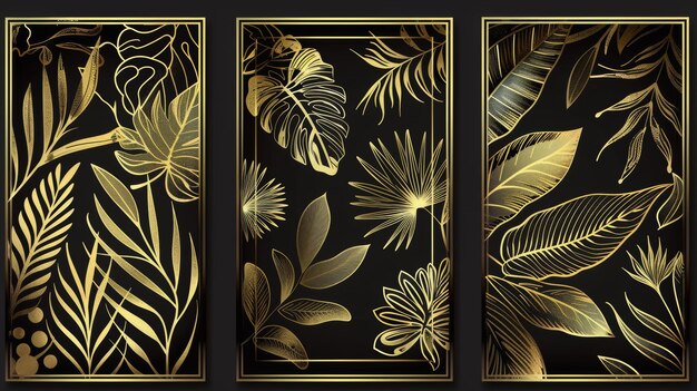 Photo art deco golden floral patterns modern leaves frames wine box package royal line ornament templates nature beauty labels wedding perfume gift jewelry product design