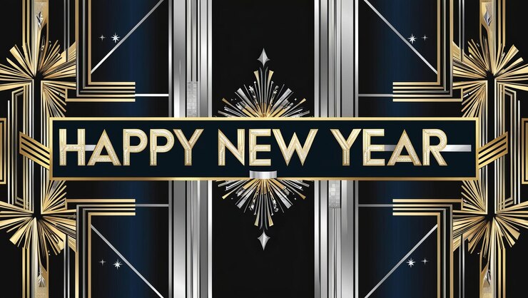 Photo art deco happy new year card with gold and black design