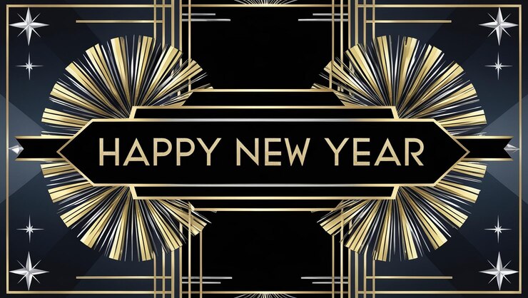 Photo art deco happy new year card with gold and black design