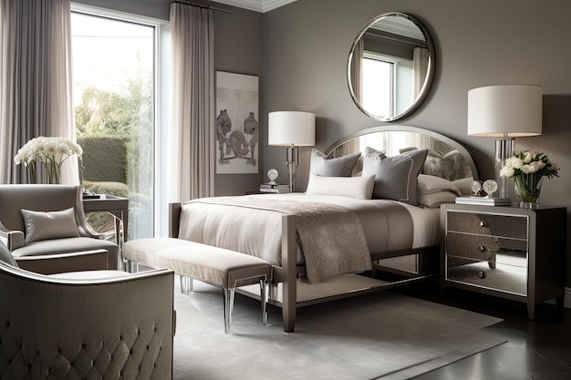 Art deco home bedroom with sleigh bed and mirrored dresser