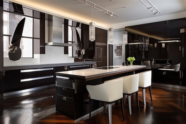 Art deco home kitchen with sleek furniture and modern appliances