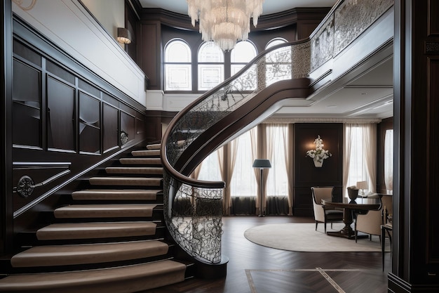 Art deco home with grand staircase and chandelier leading to second floor