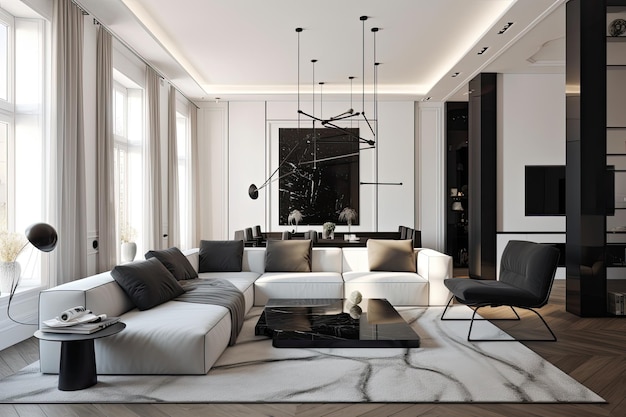 Art deco home with sleek and minimalist design elements including white walls and black accents