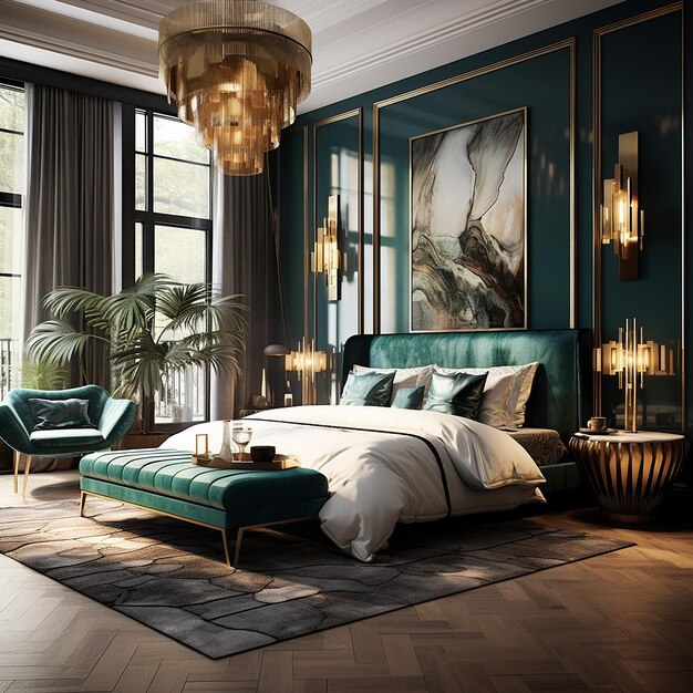 Art Deco Inspired Bedroom with Metallic Accents and Velvet