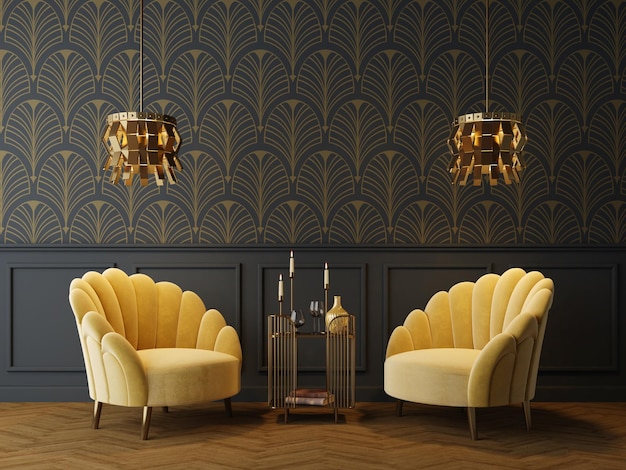 Photo art deco interior in classic style with yellow armchairs and lamp