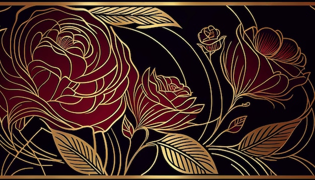 Арт-деко роскошный цветок розы линия золотой узор Generative AI