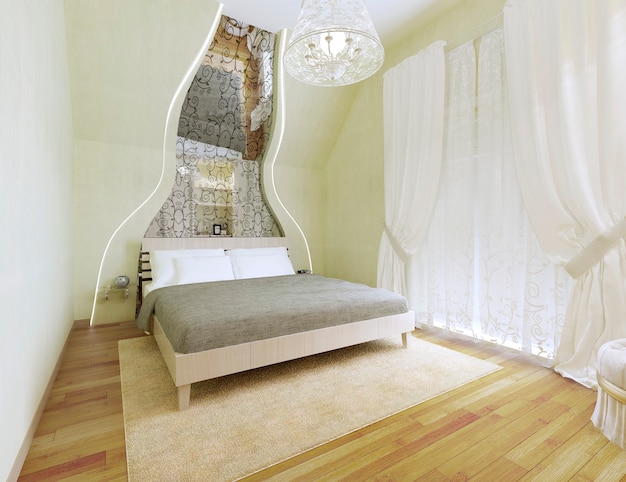 Спальня в стиле ар-деко со светлыми оливковыми стенами. Просторный номер с зеркалом вдоль наклонной стены. Тюль и белые шторы, а сзади балкон. 3D визуализация