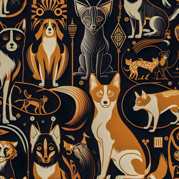 Art Deco style dogs and cats pattern granular texture