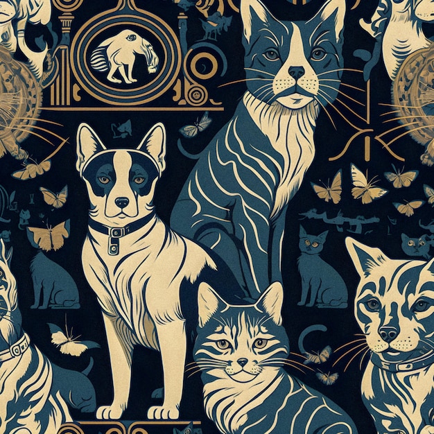 Art Deco style dogs and cats pattern granular texture