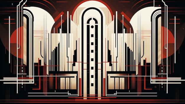 An art deco style poster of a building in red and black