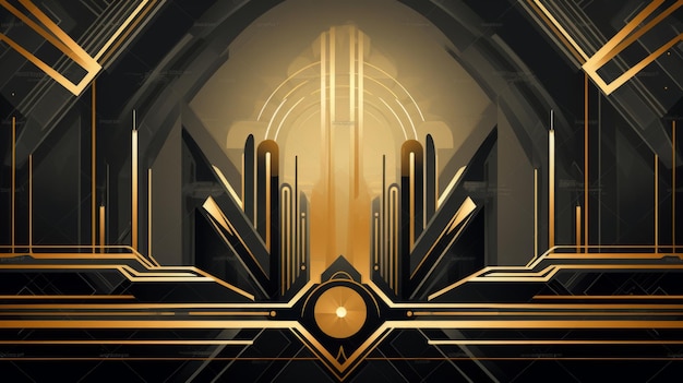 An art deco style poster with a gold and black design