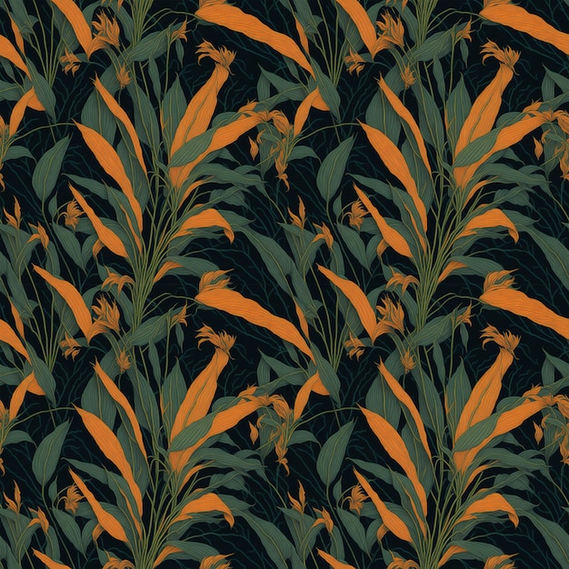 Art deco tropical seamless pattern strelitzia and palm leaves ornaments on a dark bakground