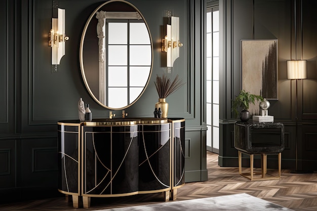 Art deco vanity with mirrored cabinet and sleek gold accents