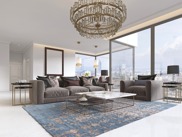 Art deco woonkamer met prachtige grote raampartijen en prachtig uitzicht, verguld metalen kroonluchter. 3D-weergave.
