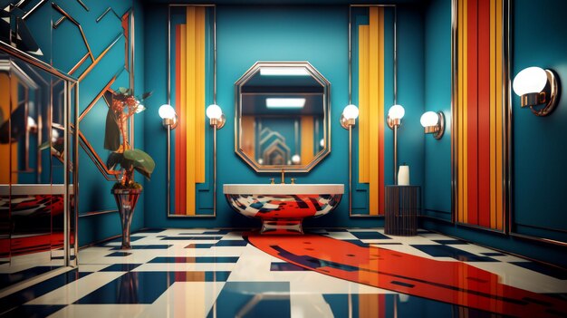 Photo an art decoinspired bathroom with bold colors geometric shapes and mirrored surfaces generative ai