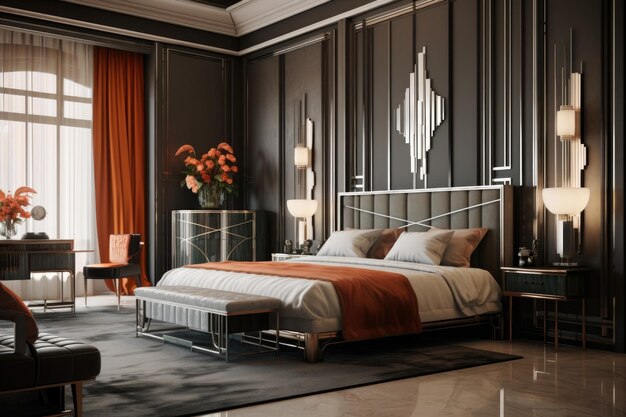 An art decoinspired bedroom featuring a sleek metal bed frame