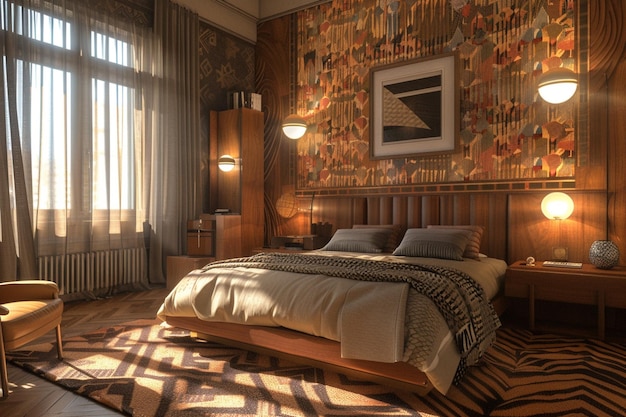 Art Decoinspired bedroom with geometric wallpaper