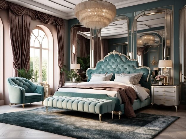 An art decoinspired bedroom with a velvet headboard and mirrored furniture