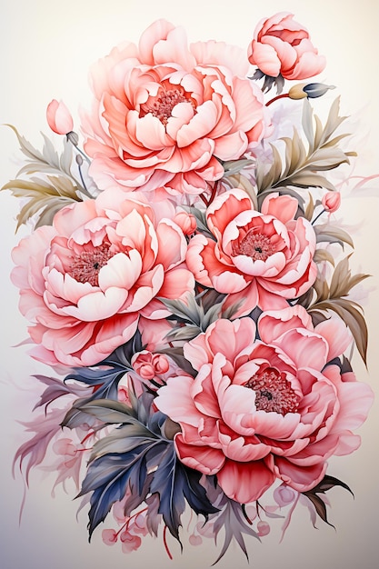 Photo art design watercolor painting of peony flower stems leaves for use in graphics generative ai