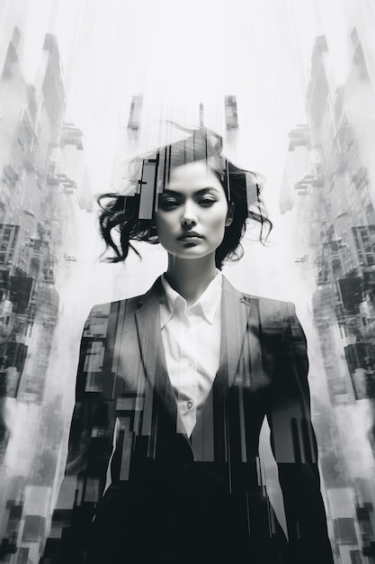 Art of double exposure of attractive Business woman overlay with the modern city Concept of Leadership and futuristic business