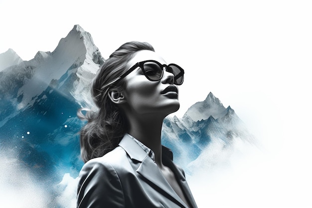 Art of double exposure of attractive Business woman overlay with the peak of mountain Concept of Leadership and business target copy space white background